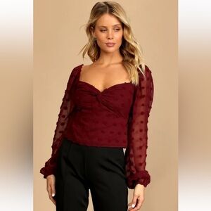 Lulu's Flawless Style Burgundy Swiss Dot Long Sleeve Top